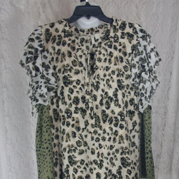 Plus Top Blouse Combination Olive Black Leopard Print Ruffled Short Slee… - Picture 1 of 5